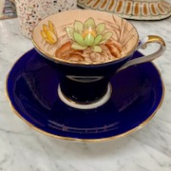 Aynsley Corset Cobalt Blue With Water Lily Cup and Saucer - Picture 1 of 3